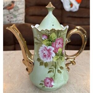 VTG Lefton Handpainted Porcelain Lidded Teapot #3065 Green Heritage Rose Pattern